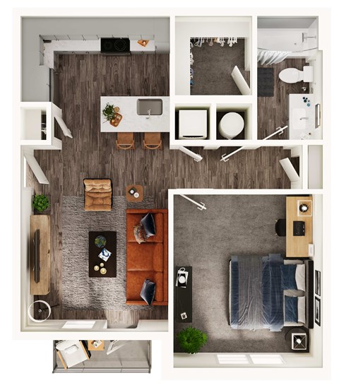 Floor plan for 1 bed, 1 bath, 678 sqft